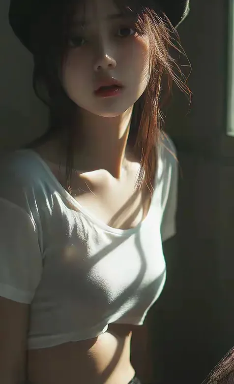 阳光溢小屋，温馨 戴着帽子，穿着超短上衣T恤的AI美少女美图手机壁纸