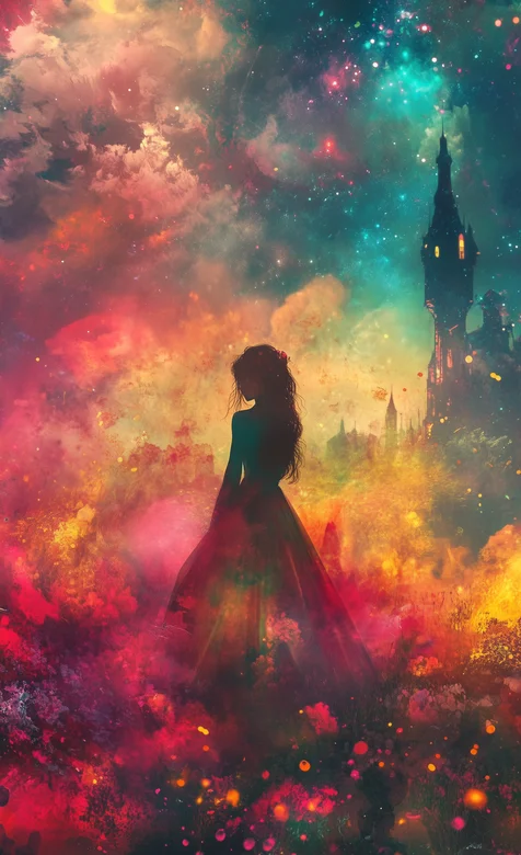 奇幻瑰丽的城堡外，行走在烟雾中的欧美裙装少女插画手机壁纸图片