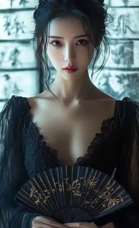冷艳美女，拿着黑色折扇，身着深V黑裙的古装AI美女手机壁纸图片