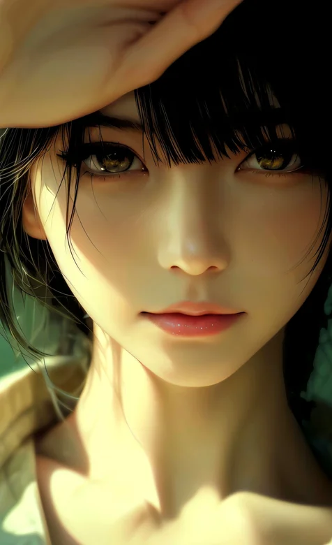 单手遮着阳光的齐刘海高冷气质AI美女手机壁纸图片