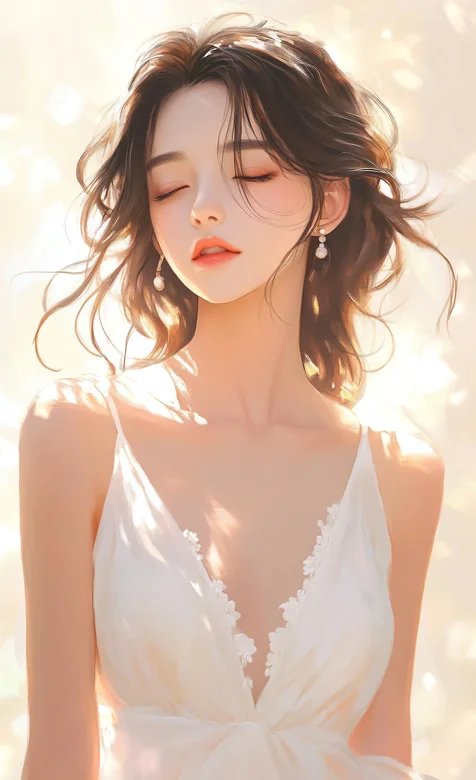闭着眼睛，高颜值气质美女低胸吊带白裙AI美图手机壁纸