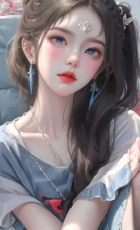 蓝色眼睛，红唇，T恤AI美女手机壁纸图片