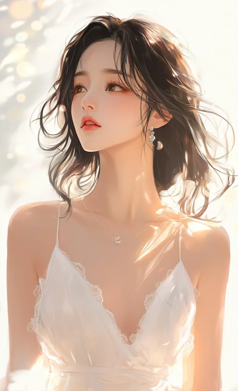 侧颜，高颜值气质美女低胸吊带白裙AI美图手机壁纸2