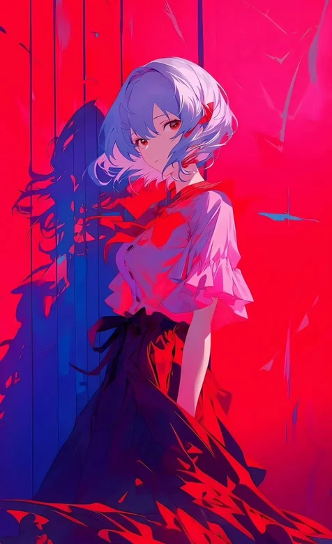红色背景墙前，蓝发，粉衣，黑裙动漫女生侧颜美图手机壁纸