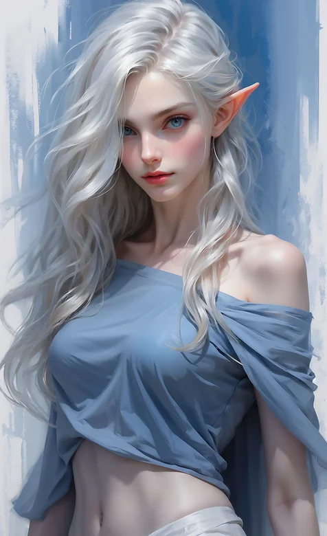 长耳朵，尖耳朵长发AI精灵蓝衣外国美女曼妙身姿美图手机壁纸