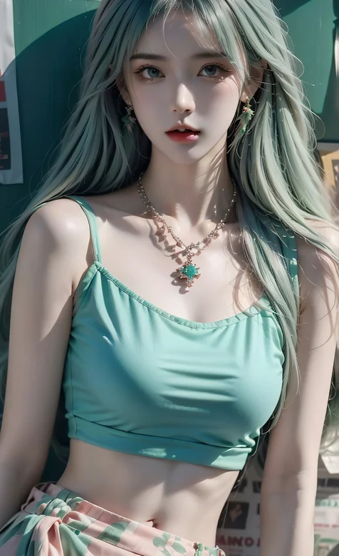 报纸墙美女，高颜值AI美女小姐姐吊带背心短裤穿着手机壁纸美图