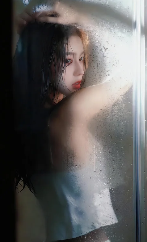 站在浴室水雾弥漫玻璃前的吊带衣白裙美女手机壁纸图片