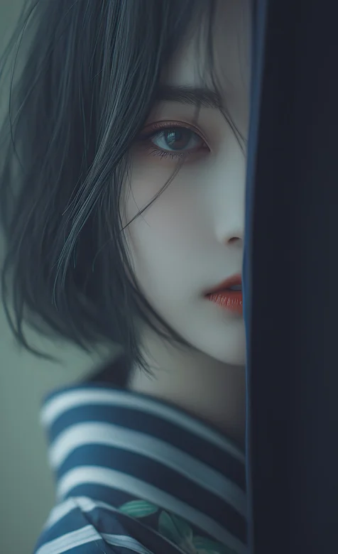 喜欢你的温柔，哪怕你的眼中不是我。窗帘后，遮住半边脸看着你的AI美女手机壁纸美图