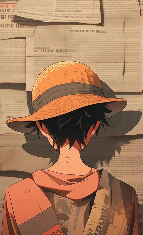 报纸墙，路飞，背影，动漫人物路飞手机壁纸图片