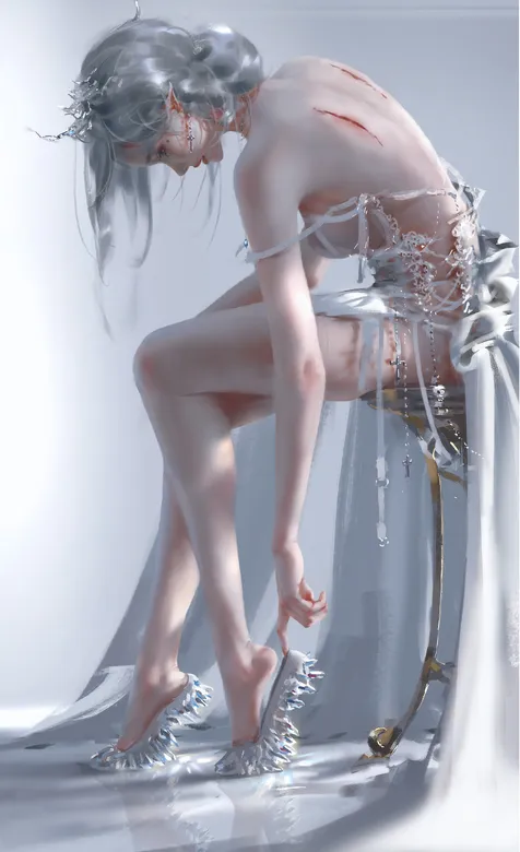 折翼的冰公主，海琴烟，坐在凳子上穿鞋美图清凉冰裙插画手机壁纸图片