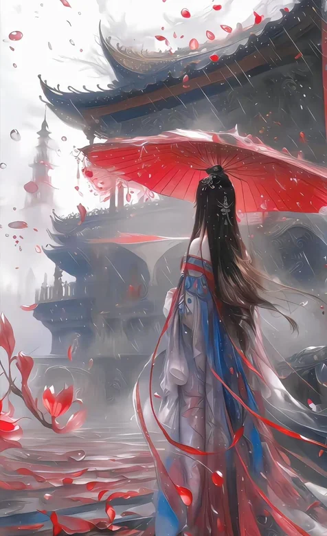 古塔前，手拿着红伞走在雨中的古装美女背影插画手机壁纸图片