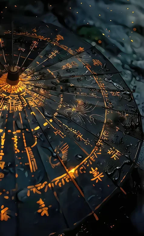 油纸伞，骨伞，发光，法器，在雨中，手机壁纸图片