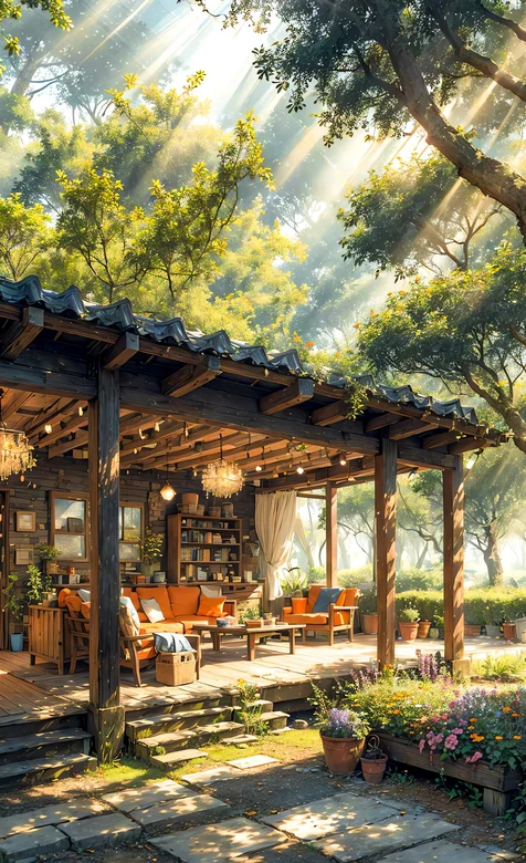 小屋，阳光，花草，树木，唯美森系动漫场景手机壁纸图片