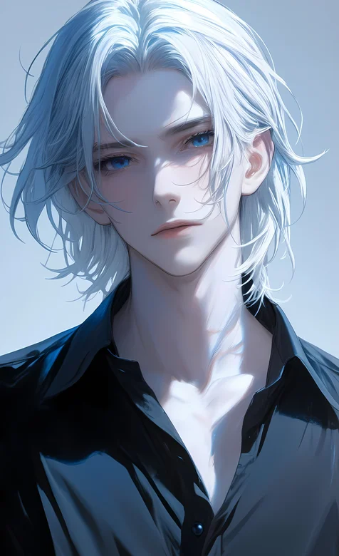 黑衬衫，白色头发，蓝眼睛，ai帅哥手机壁纸图片