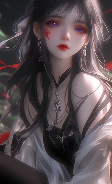 古装ai少女，飘逸发型，脸上枫叶图案的AI少女手机壁纸图片