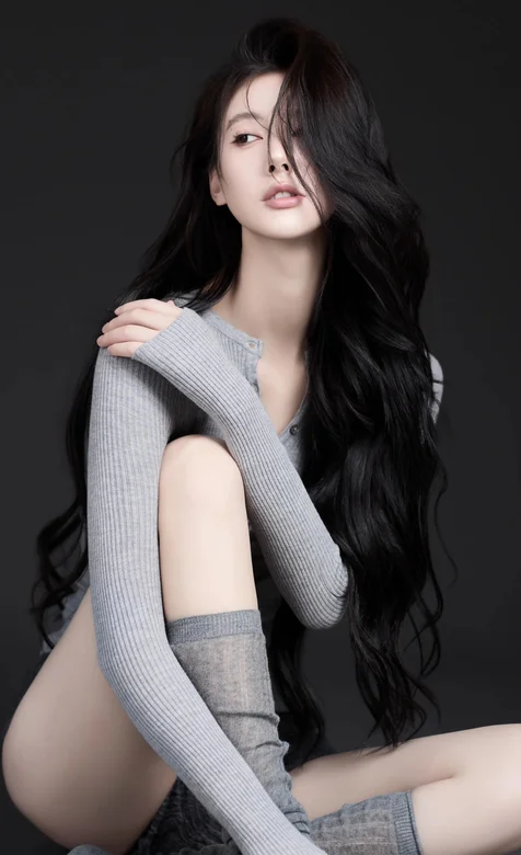 坐在地板上的高颜值，长发，白皙，美腿，小姐姐写真手机壁纸图片