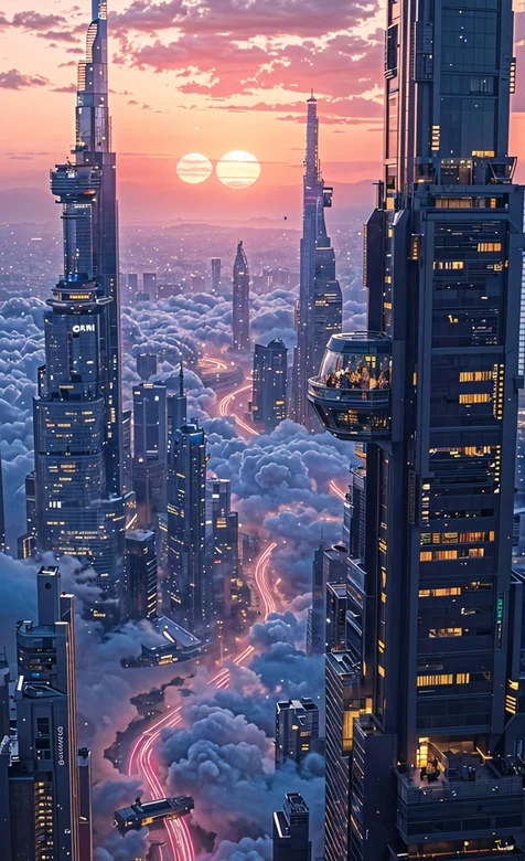 云中之城，城市，灯火，夕阳，高楼大厦，未来，手机壁纸图片