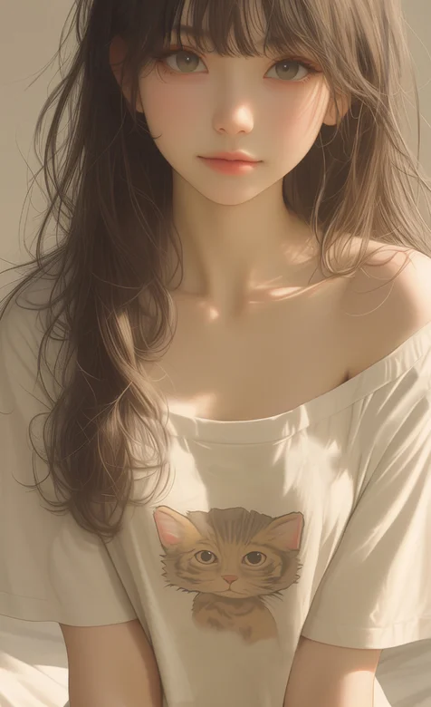 穿着猫图案T恤的AI美女手机壁纸图片