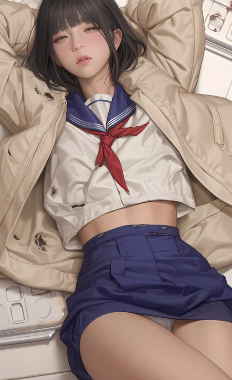 眯着眼，枕着头，躺在地板上的水手制服学生装动漫AI美女手机壁纸图片