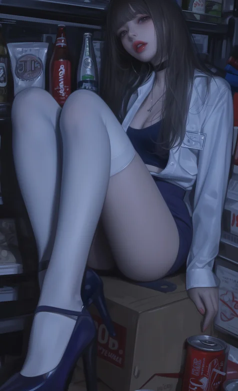 齐刘海长发美女，坐在纸箱上，靠着货架的美腿丝袜高跟短裤AI美女手机壁纸图片