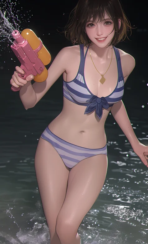 海边玩玩具水枪，笑容甜美，性感身材比基尼AI美女开心手机壁纸图片