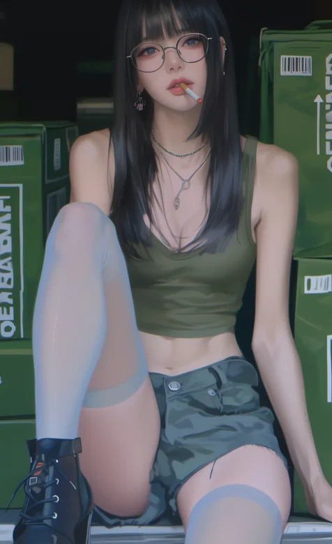 戴着眼镜，一身迷彩短裤军训套装长发AI美少女手机壁纸图片