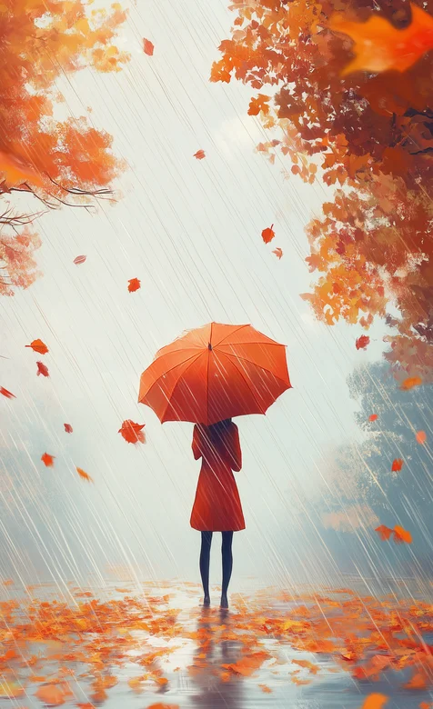 下雨天，枫树，落叶，雨水 撑红伞的女人背影手机壁纸图片