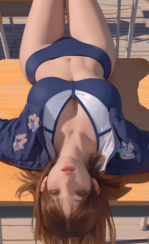 仰头躺在桌子上的紧身运动内衣短发AI美女手机壁纸图片