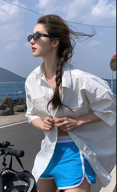 海边骑行的麻花辫墨镜美女白衬衫短裤穿搭侧颜写真手机壁纸