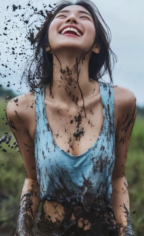 玩泥巴的背心牛仔裤美女乐开怀AI美图手机壁纸