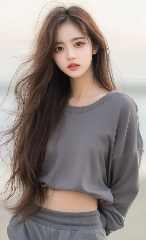 双手插口袋的高颜值长发气质AI美女灰色运动套装穿着手机壁纸图片