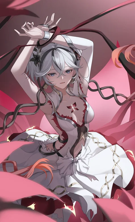 白色头发，自缚双手，吊带低胸白裙动漫美女手机壁纸图片