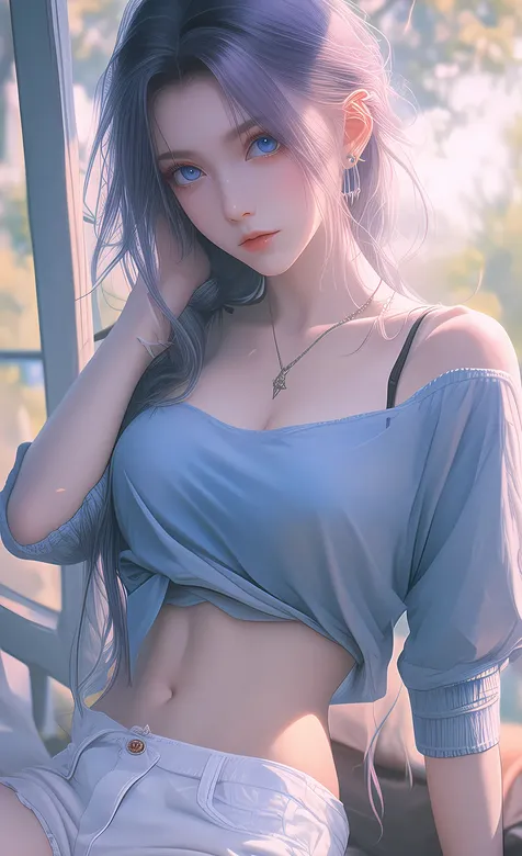 靠坐在窗台的蓝色眼睛，蓝衣短裤AI美女手机壁纸图片