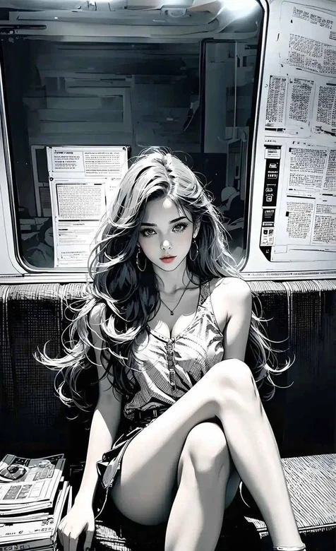 报纸墙，翘着二郎腿坐在报刊，书刊上的美腿长发AI美女黑白手机壁纸图片