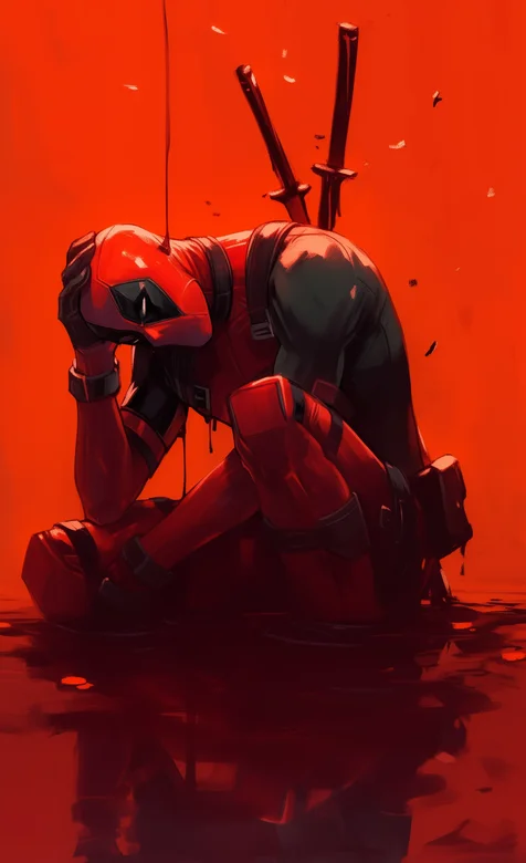 漫威人物死侍动漫图片，坐在水中，摸着自己头的死侍手机壁纸图片