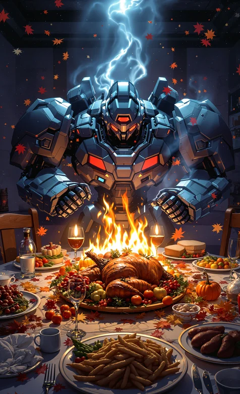 感恩节，烤火鸡，红酒，一桌子美食，烤火冒烟的机器人创意AI手机壁纸图片