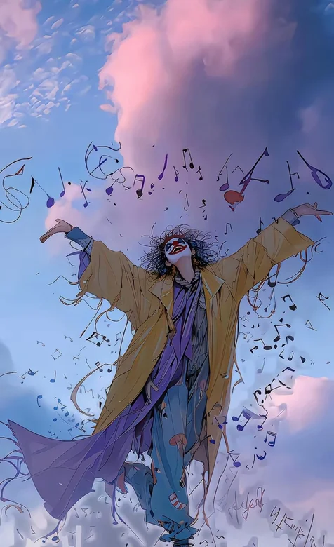 小丑女，音符，天空，张开双臂的小丑女手机壁纸插画