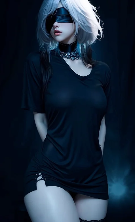 蒙眼美女1 性感紧身黑色包臀裙的白色头发蒙眼AI美女手机壁纸