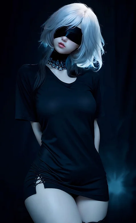 蒙眼美女2 性感紧身黑色包臀裙的白色头发蒙眼AI美女手机壁纸