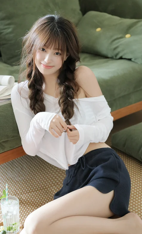 麻花辫美女 靠着沙发旁，笑容可爱的美女白衫短裤私房写真手机壁纸图片