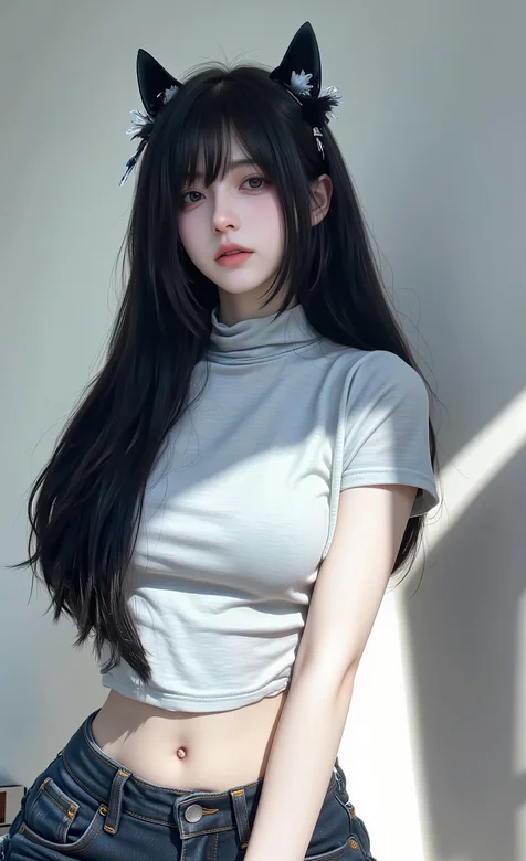 带着猫耳朵头饰的完美身材牛仔裤美女手机壁纸图片