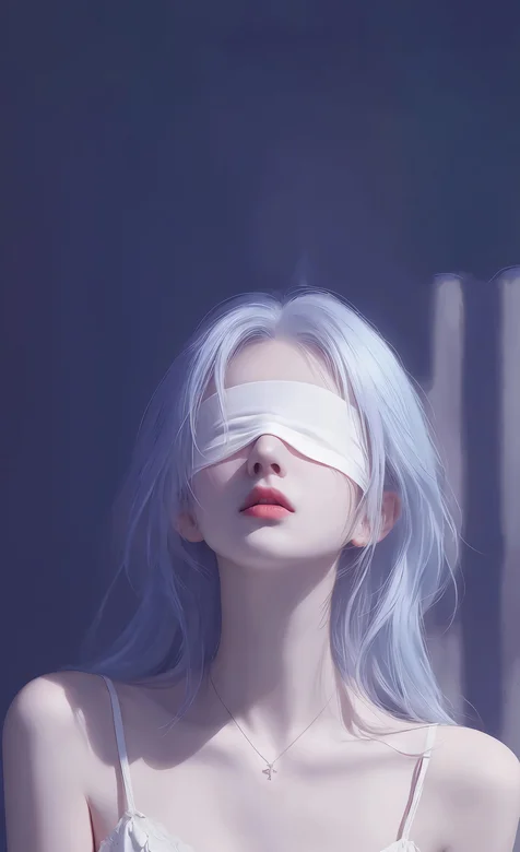 蒙眼，白色头发，吊带衣AI美女手机壁纸