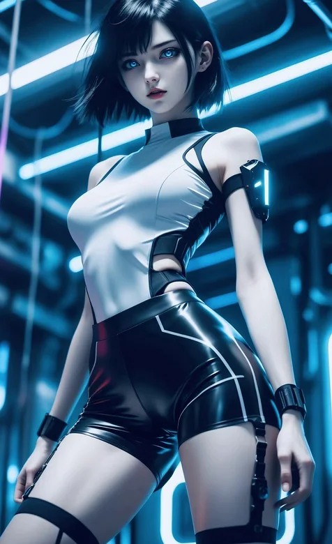 短发AI美女2.紧身连体衣短裤性感身段AI美女机器人手机壁纸图片