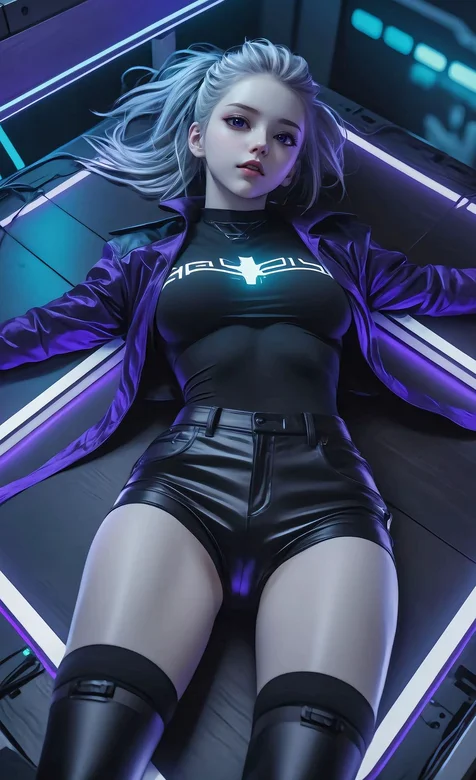 酷飒AI美女，躺在甲板上看着你的紧身短裤AI美女机器人酷飒手机壁纸