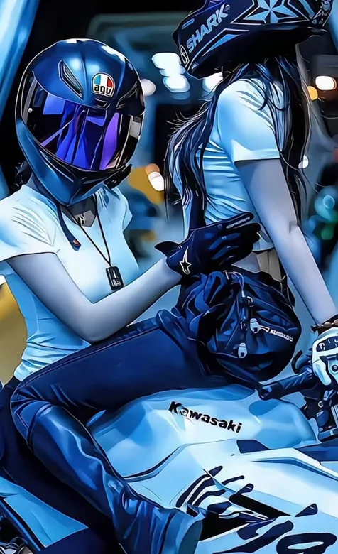 摩托车美女，两个戴着头盔，身着紧身白T，蓝色牛仔裤坐在摩托车上的美女手机壁纸