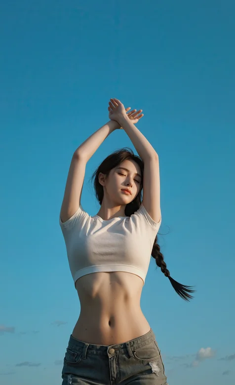 蓝天下的麻花辫美女，超短白色T恤加牛仔短裤美女性感身材写真手机壁纸