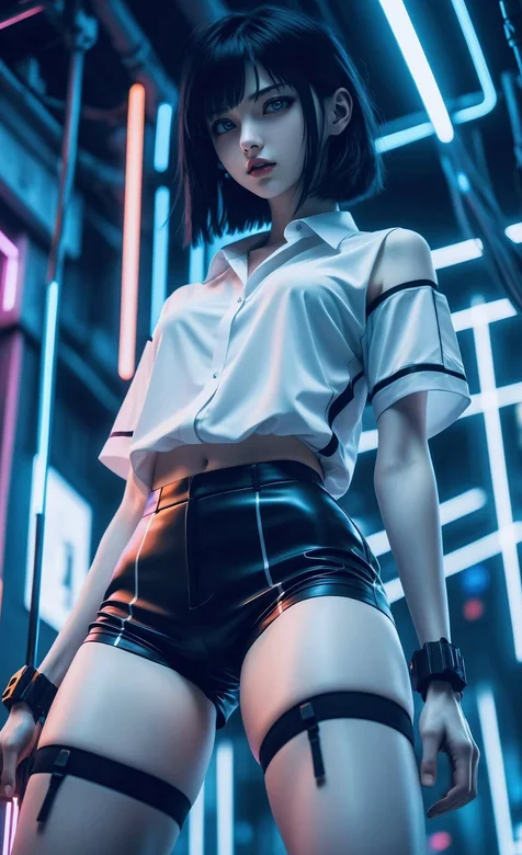 短发ai美女，白衫，紧身黑色短裤ai美腿美女科幻手机壁纸图片