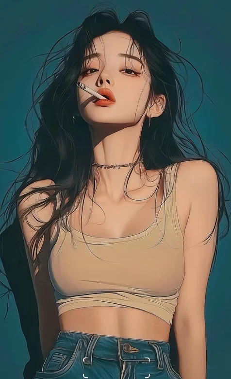 叼着烟，魅力女神，紧身衣牛仔裤酷飒美女插画手机壁纸图片