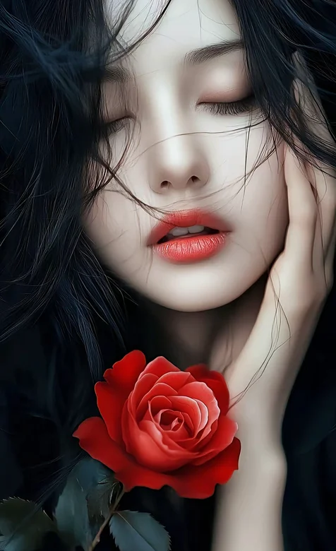 红玫瑰，玫瑰，女人，闭着眼睛的玫瑰女人手机壁纸图片