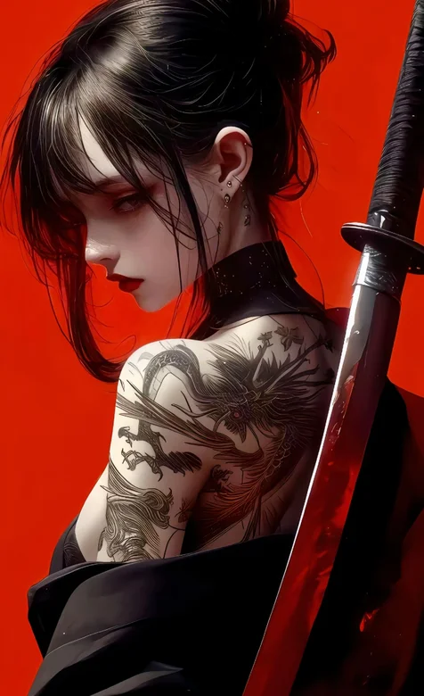背着长刀的AI纹身女生背影手机壁纸图片